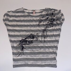 Vintage 90s Mind Code Gray & White Striped Tee with Black Floral Sketch